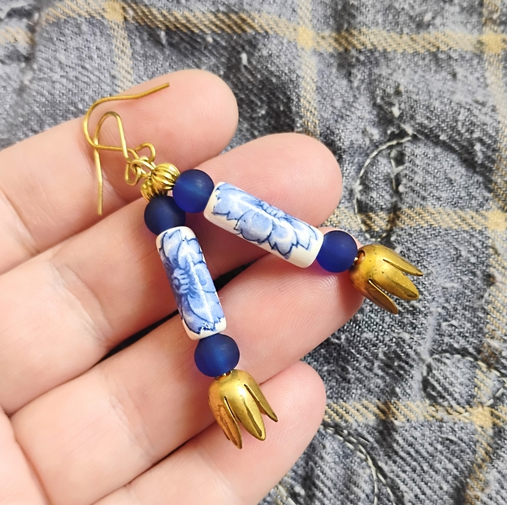 Handmade China Blue Dangle Earrings - Picture 2 of 4